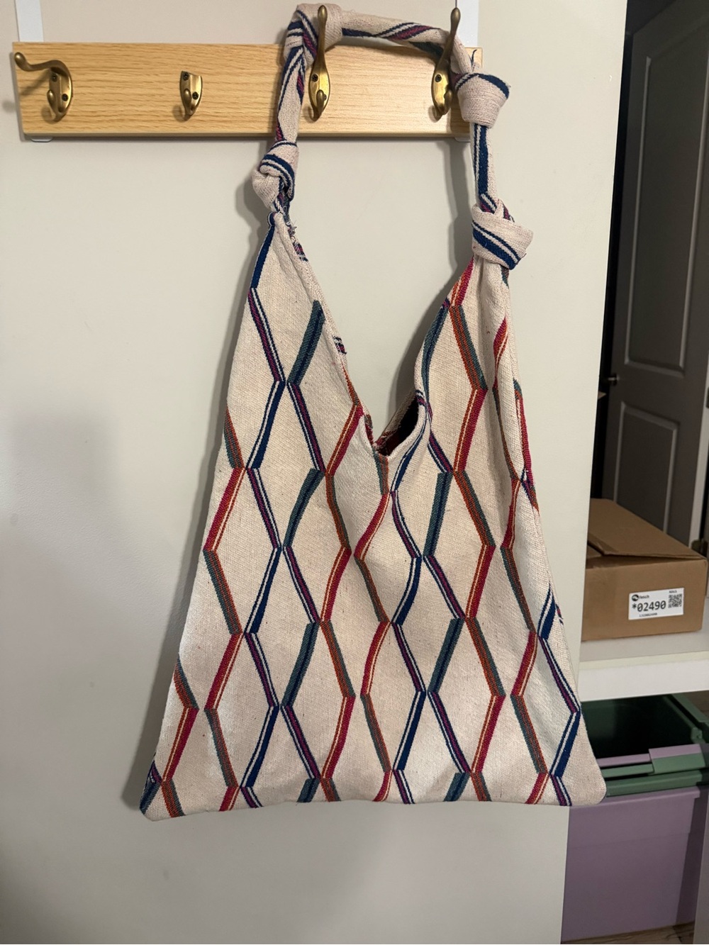 Zara Cream Shoulder Bag with Multicolor Diamond Stripes
